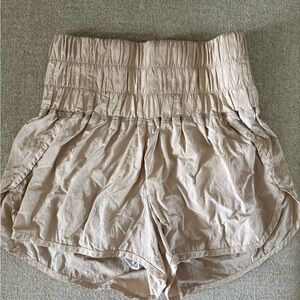 FP Movement by Free People High-Waist Smocked Shorts in Light Taupe